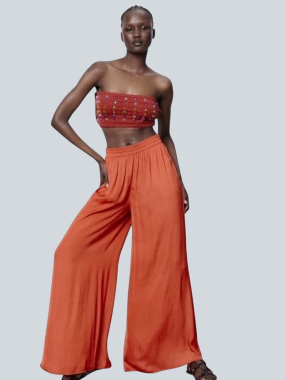 NWOT Zara Wide-Leg Palazzo Pants in Rust Orange Size L Boho Resort Wear